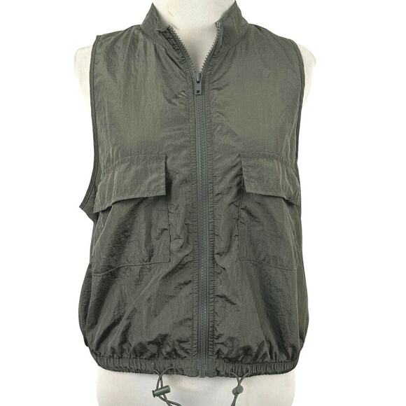 No Boundaries Tops - Utility Nylon Zip Front Vest Top Olive Green Cropped Drawstring Hem Womens L Y2K